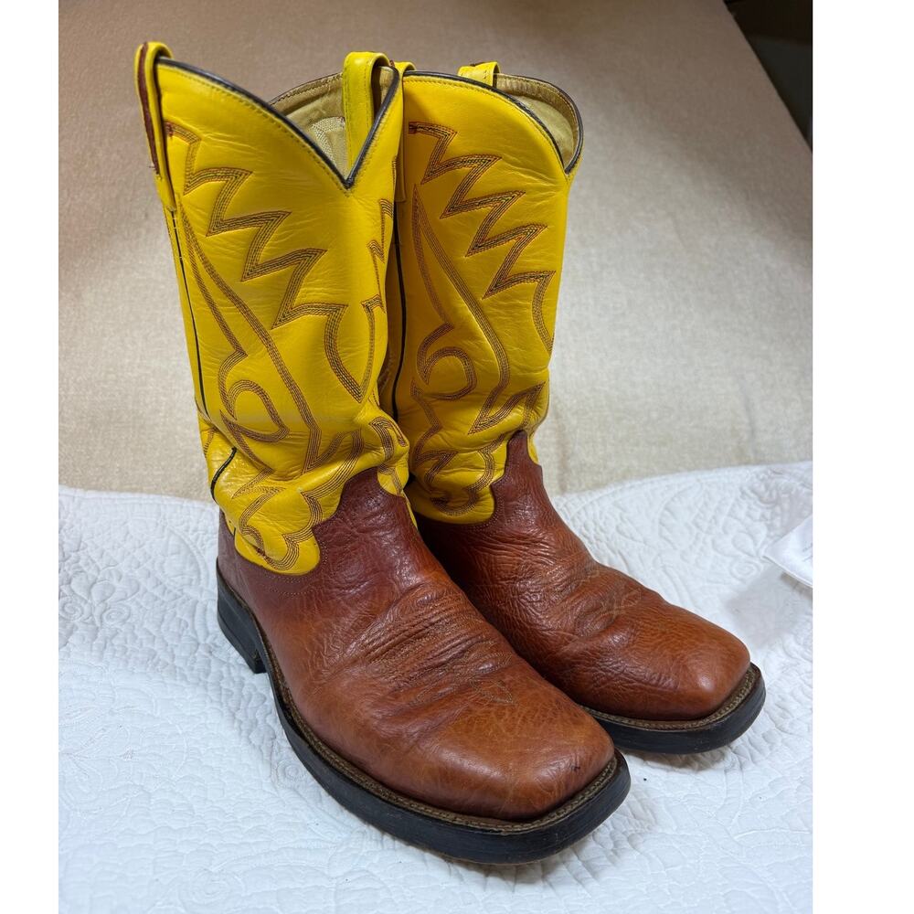 Old West Men 8D Brown Yellow Two Tone Square Toe Western Cowboy Boots Rodeo